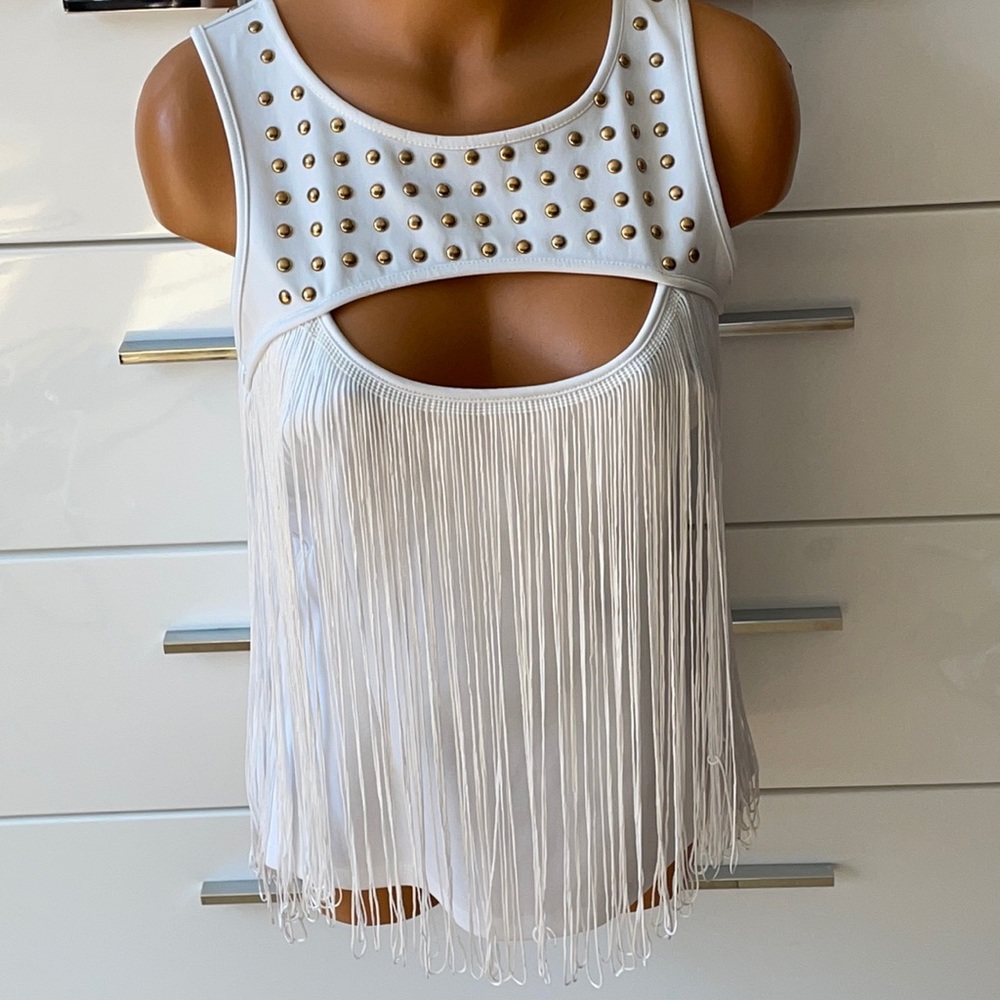 Bebe white Stud Embellished Fringe Top